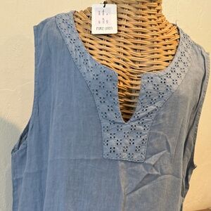 Rosemarine Dress Long Sheath Sleeveless Eyelet Trim Linen Blue  Italy 3X
